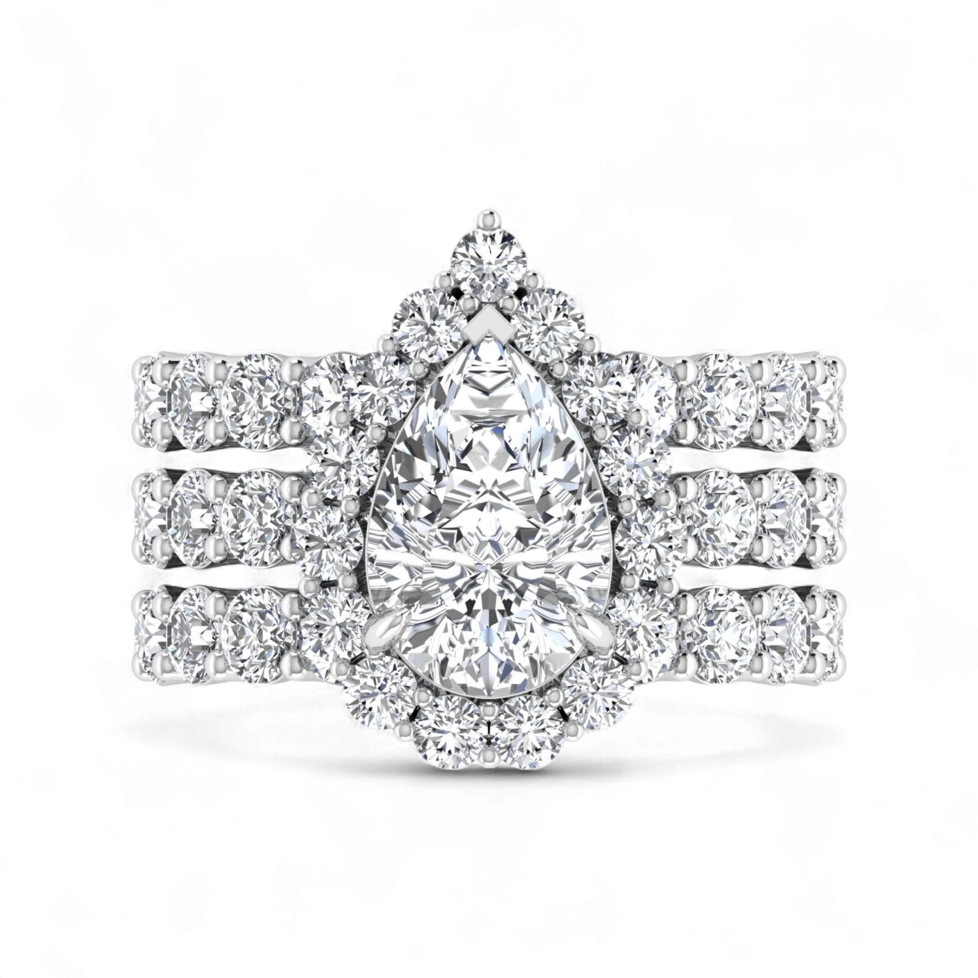 Diamond ring with a pear-shaped center stone on a white background
