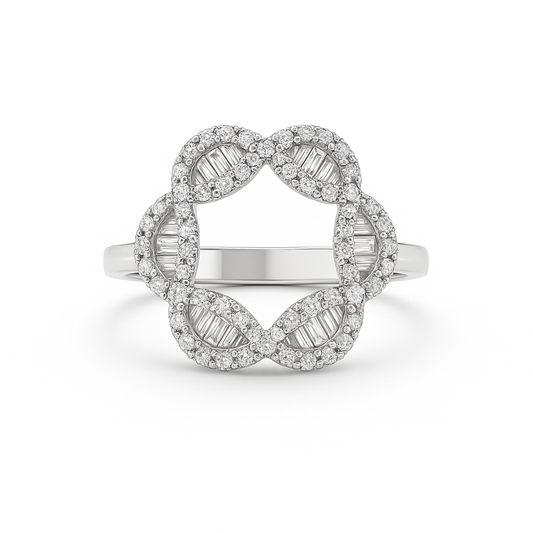 Silver ring with diamond accents on a white background