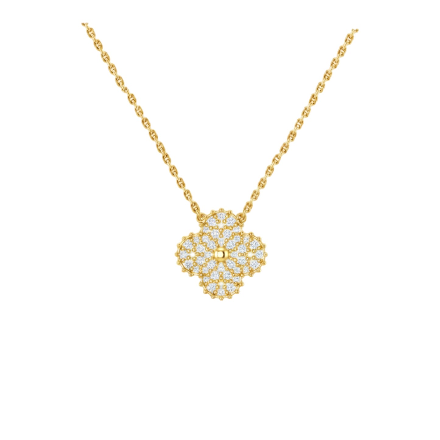 Gold necklace with a floral pendant on a white background