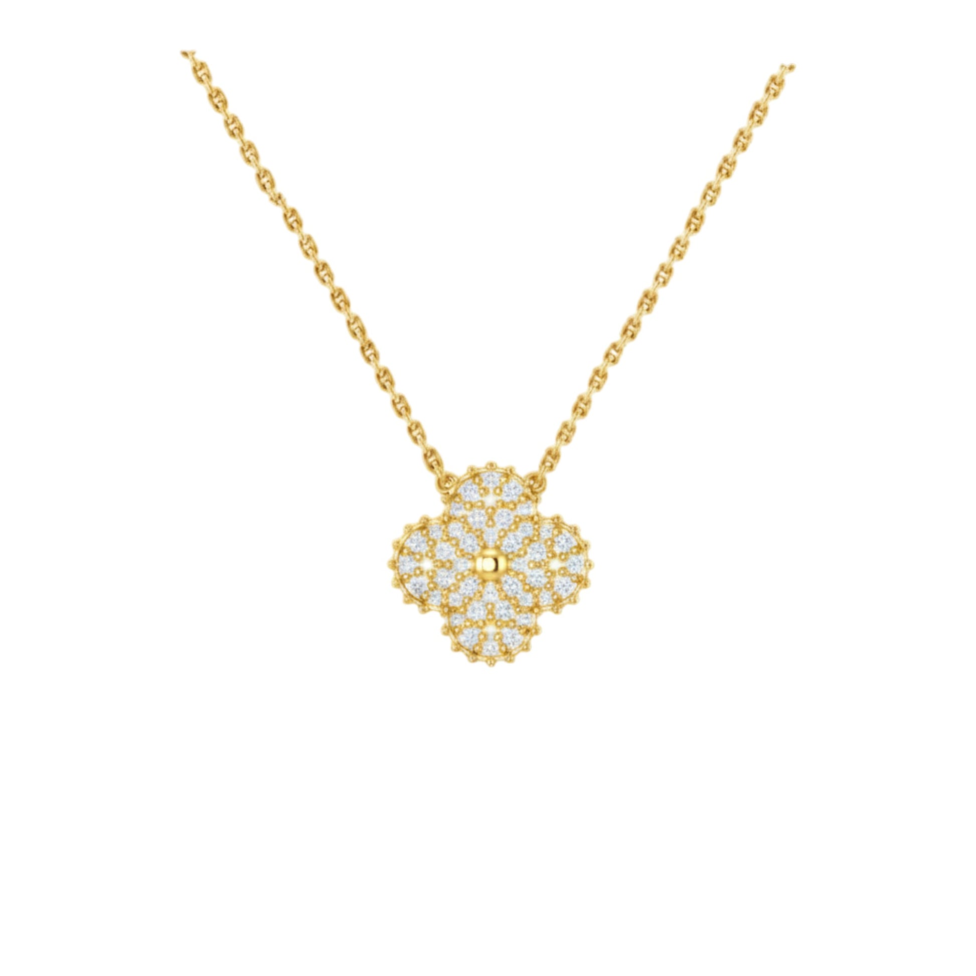 Gold necklace with a floral pendant on a white background