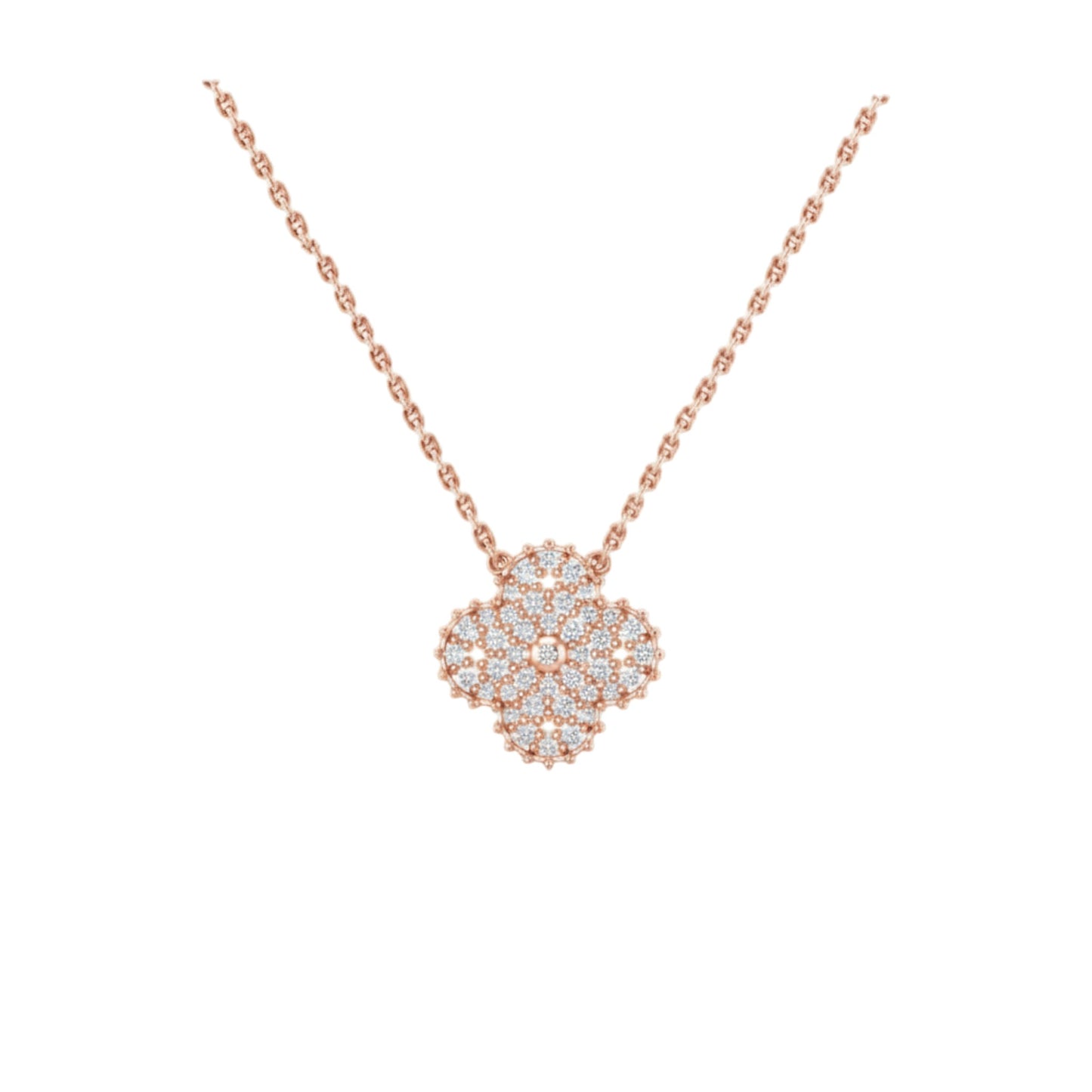Rose gold necklace with a diamond pendant on a white background