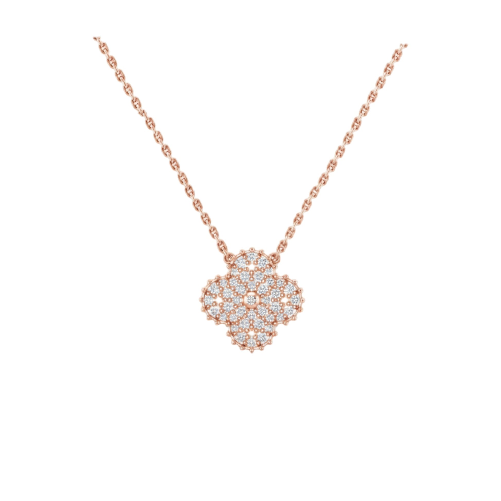 Rose gold necklace with a diamond pendant on a white background