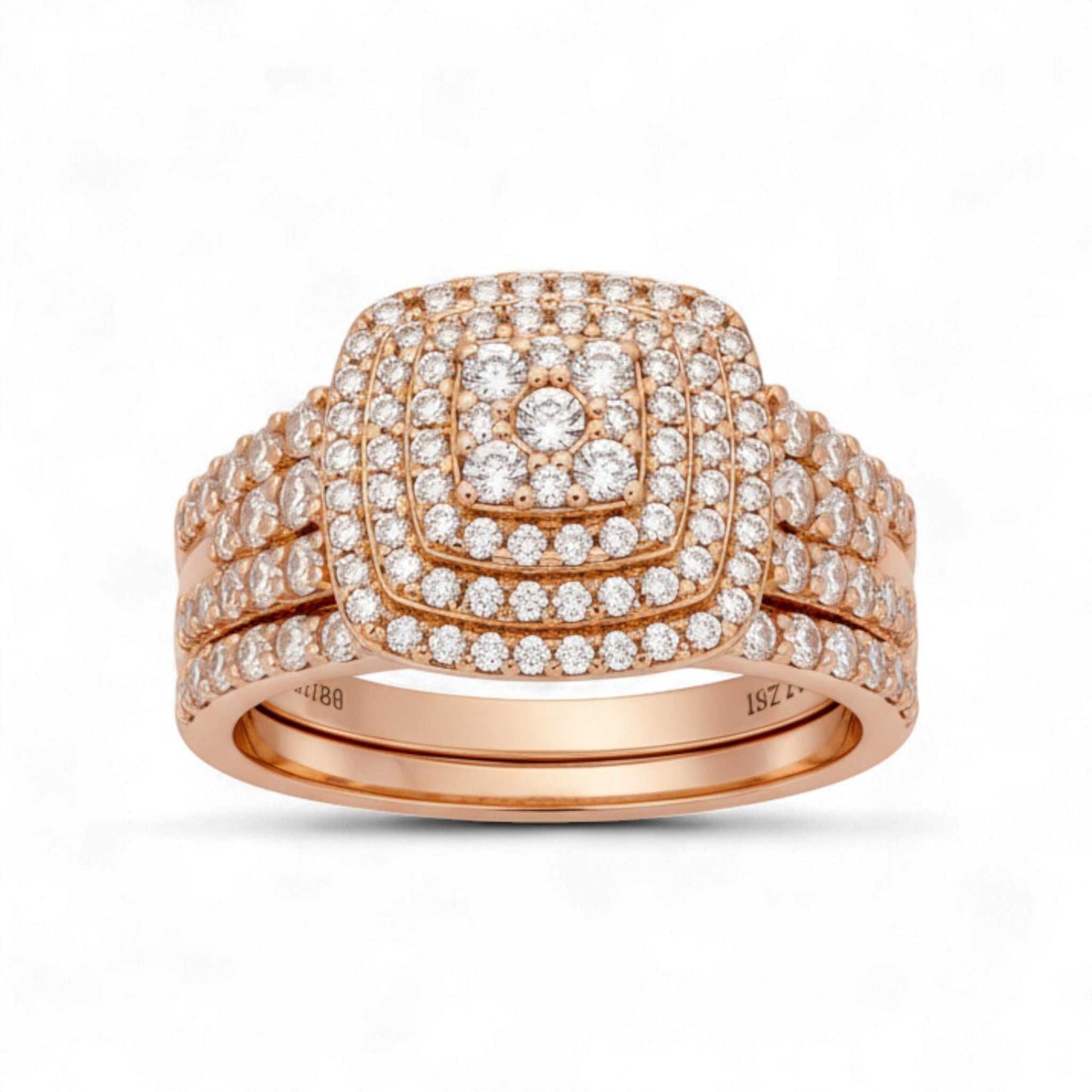Mims Cushion Cut natural diamond bridal set in 18KT gold with multi-halo cluster design and diamond-encrusted band
