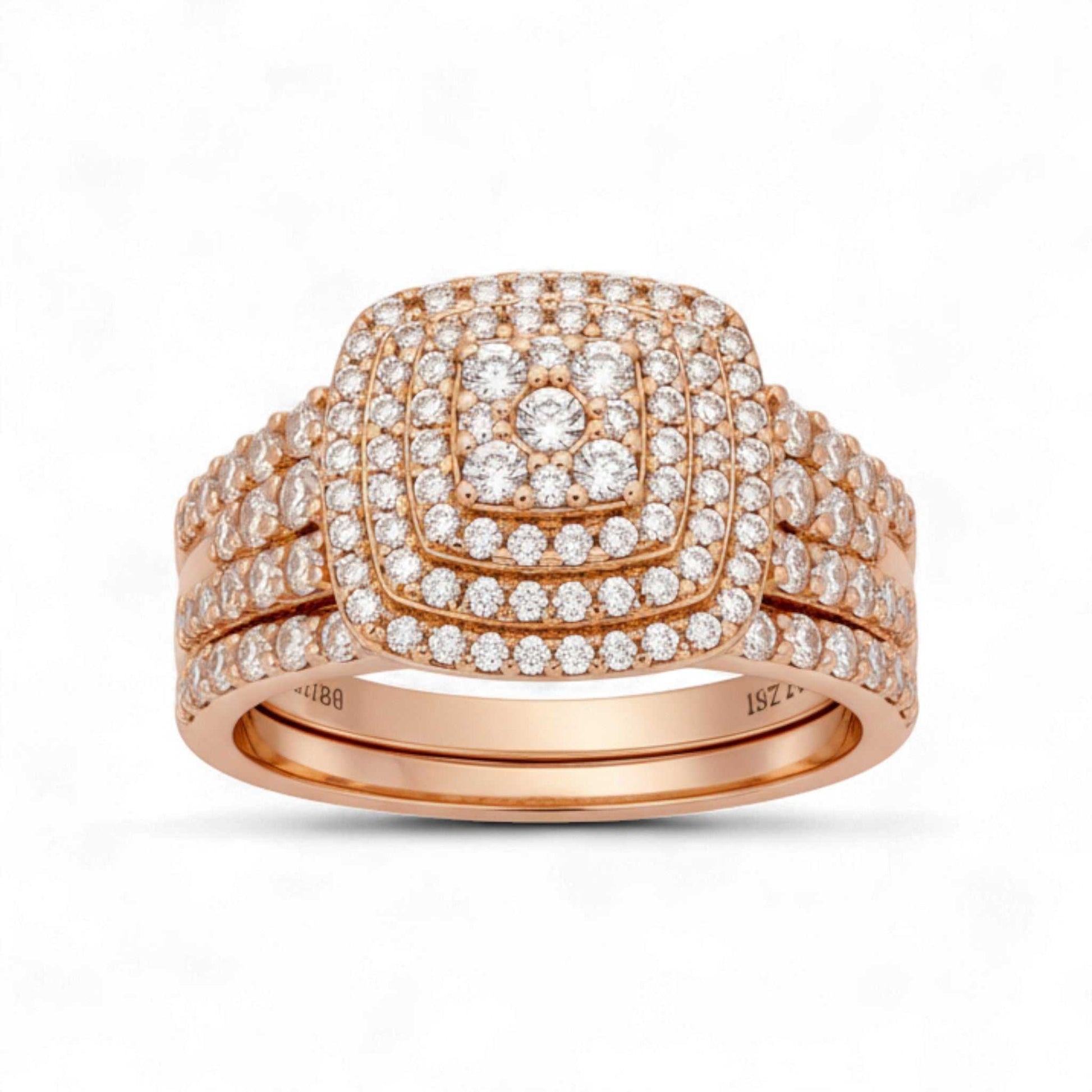 Mims Cushion Cut natural diamond bridal set in 18KT gold with multi-halo cluster design and diamond-encrusted band