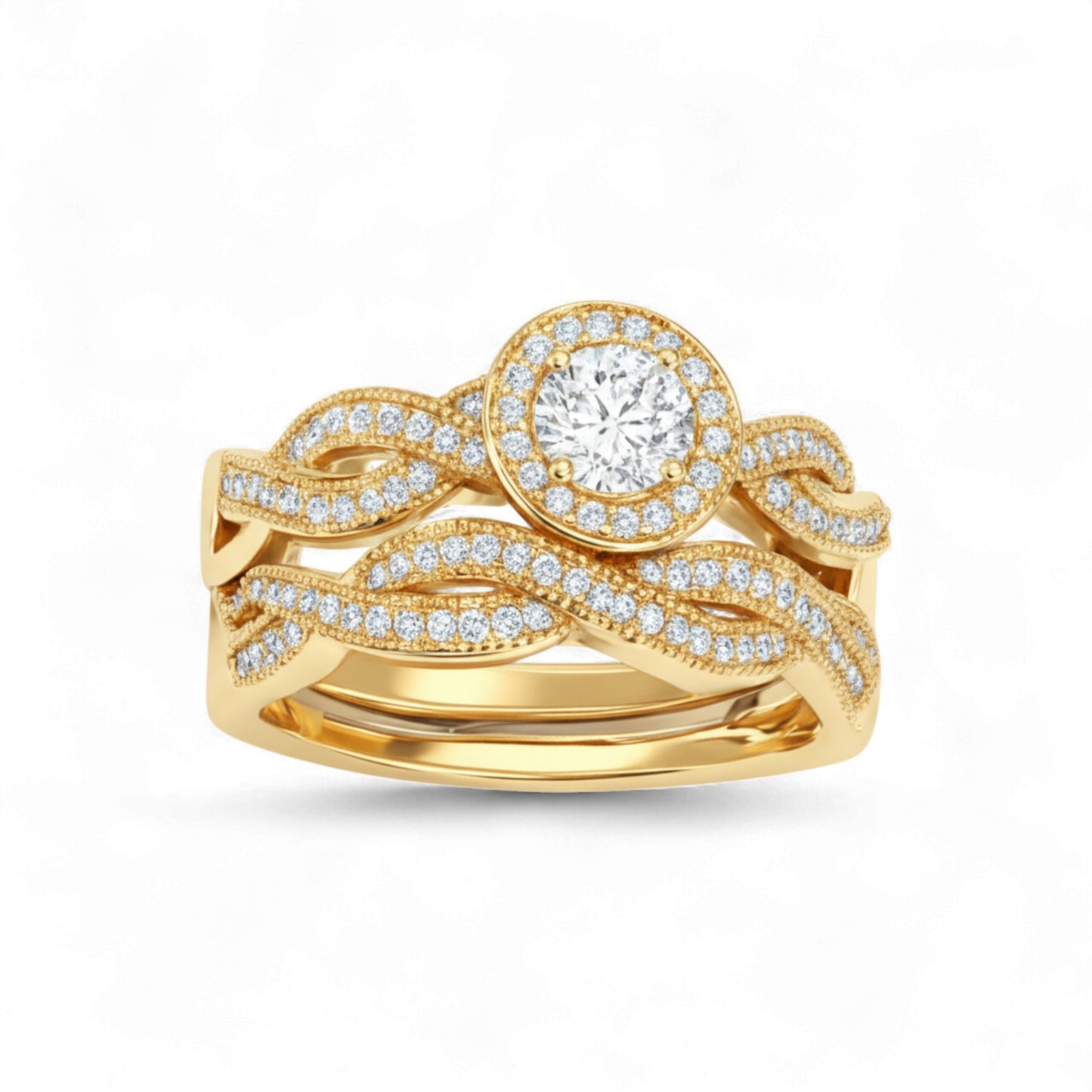 Gold ring with diamond accents on a white background