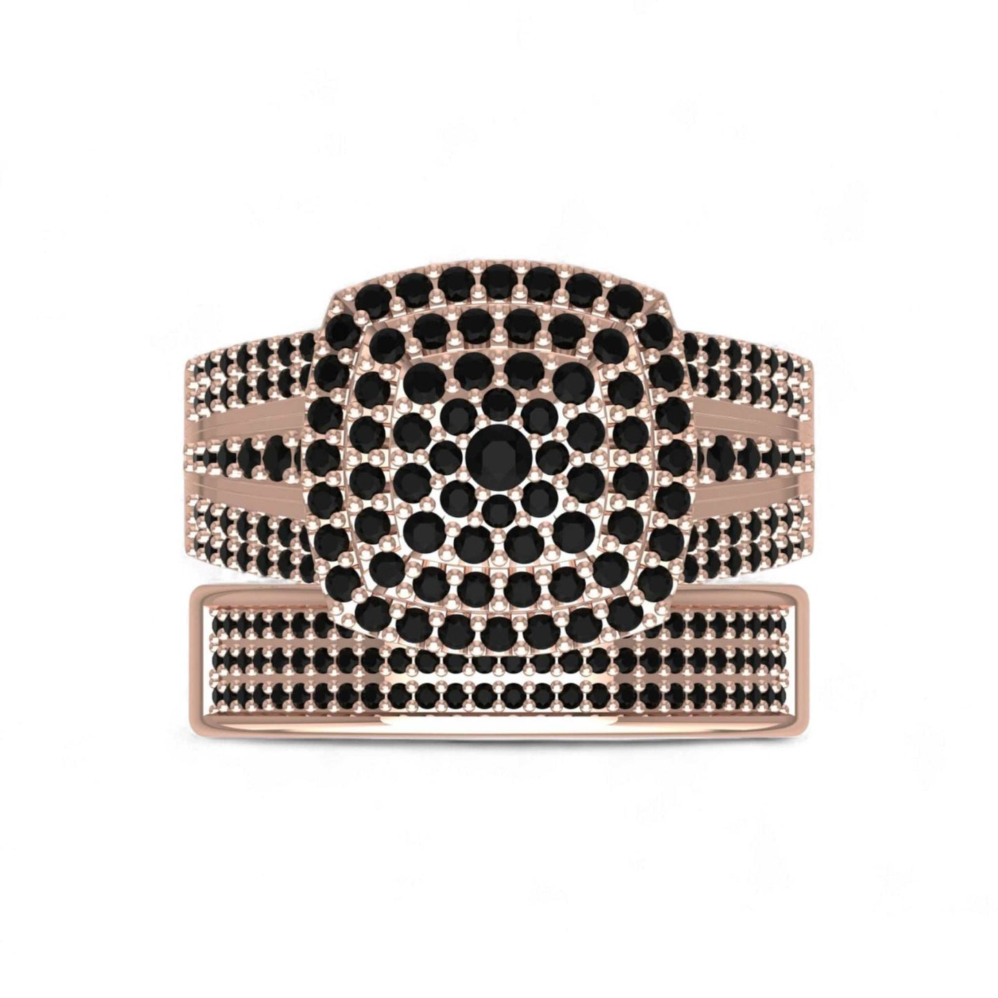 Omoni Cushion Cut Cluster Black Diamond Bride Set in 18KT rose gold with pavé black diamonds and split-shank design