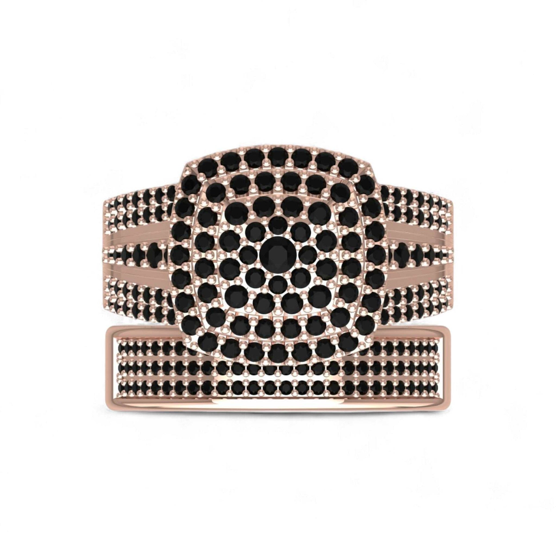 Omoni Cushion Cut Cluster Black Diamond Bride Set in 18KT rose gold with pavé black diamonds and split-shank design