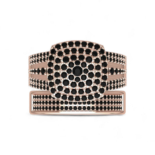 Omoni Cushion Cut Cluster Black Diamond Bride Set in 18KT rose gold with pavé black diamonds and split-shank design