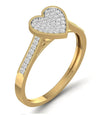 A 10 karat gold band engagement ring with a heart cut natural diamond centerpiece, surrounded by smaller clear diamonds.