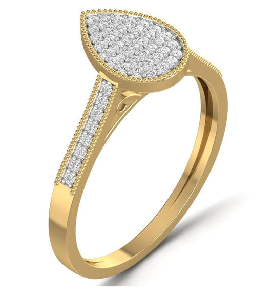 A pear cut diamond engagement ring set in 18 karat gold, with smaller diamonds on the band.