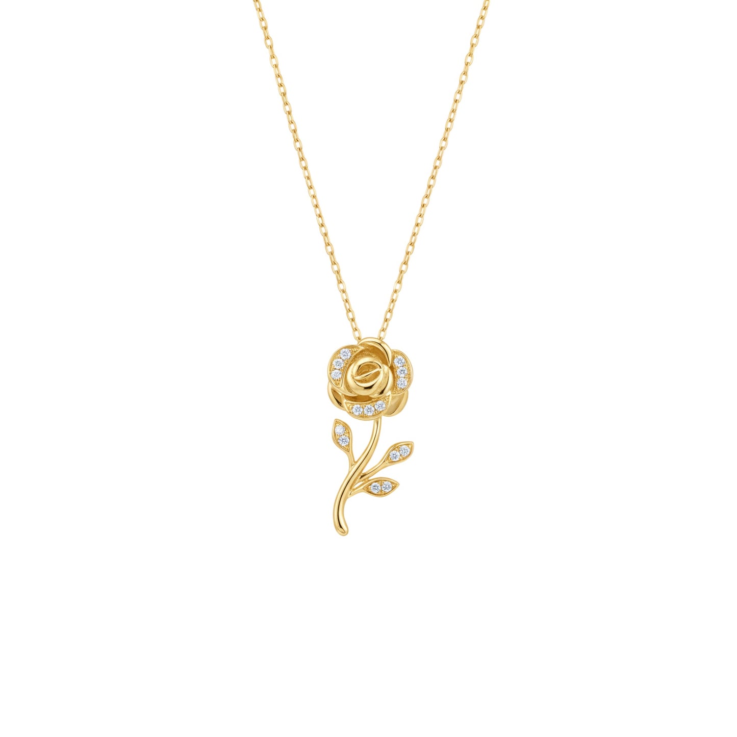 Gold rose-shaped pendant necklace on a white background