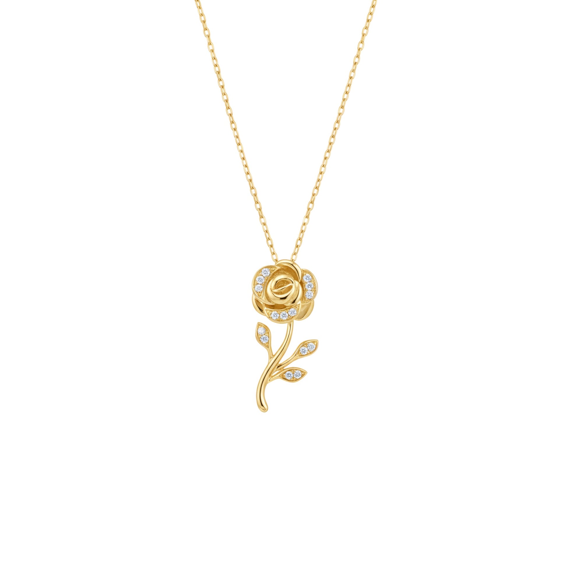 Gold rose-shaped pendant necklace on a white background
