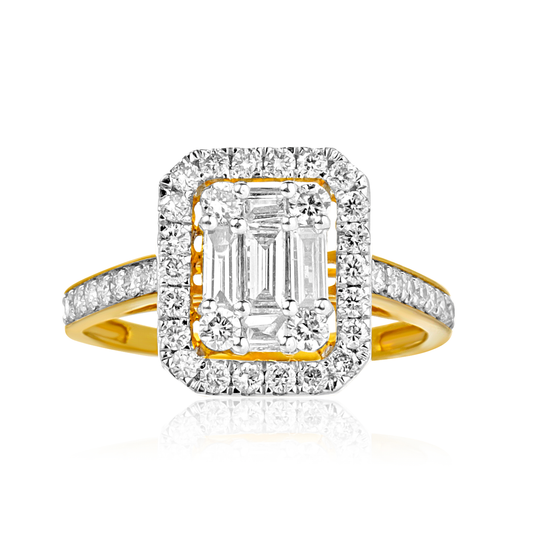 Gold and diamond ring with emerald-cut center stone on a white background