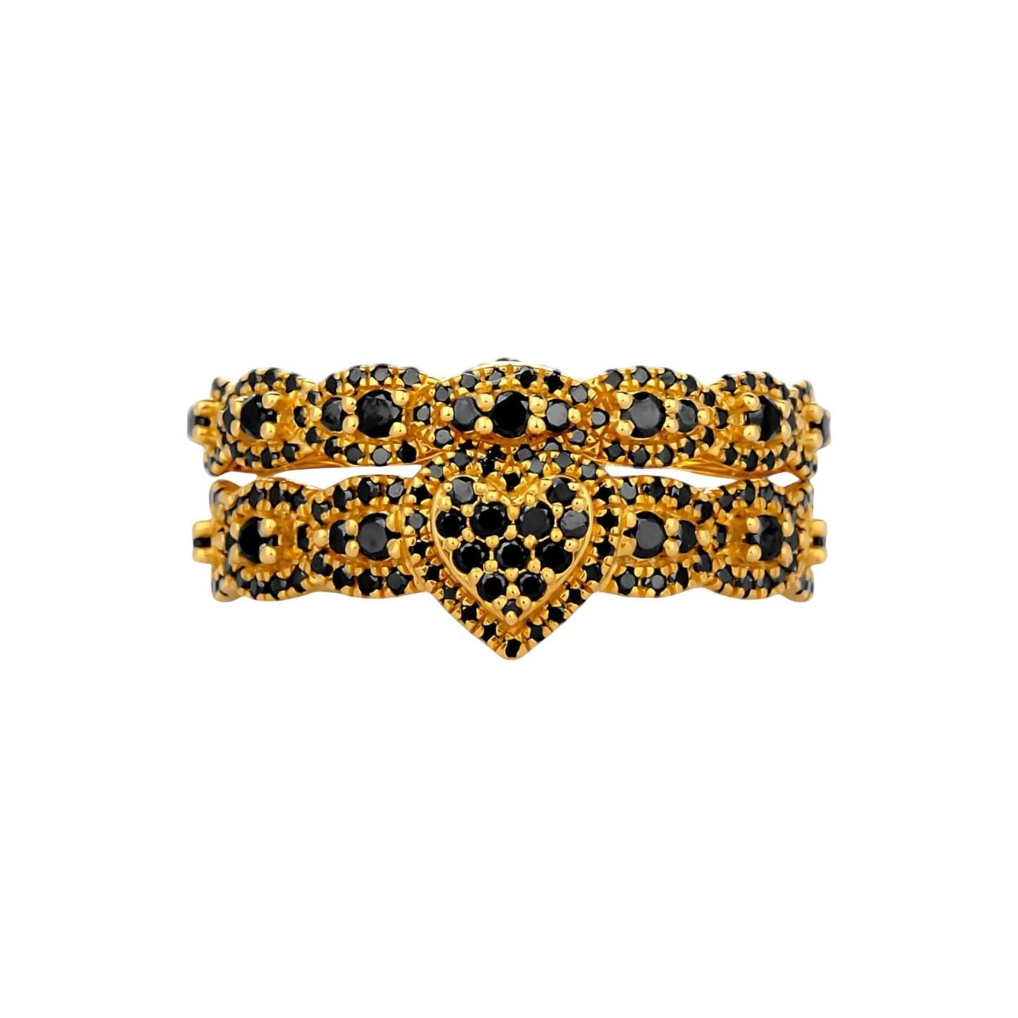 18KT gold bride set with ruby heart cut black diamond cluster ring and matching band