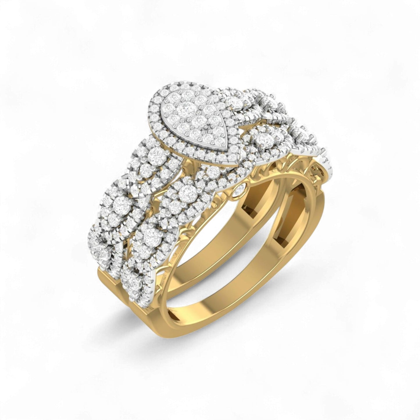 Ruby Pear Cut Diamond Cluster Bride Set in 18KT Gold