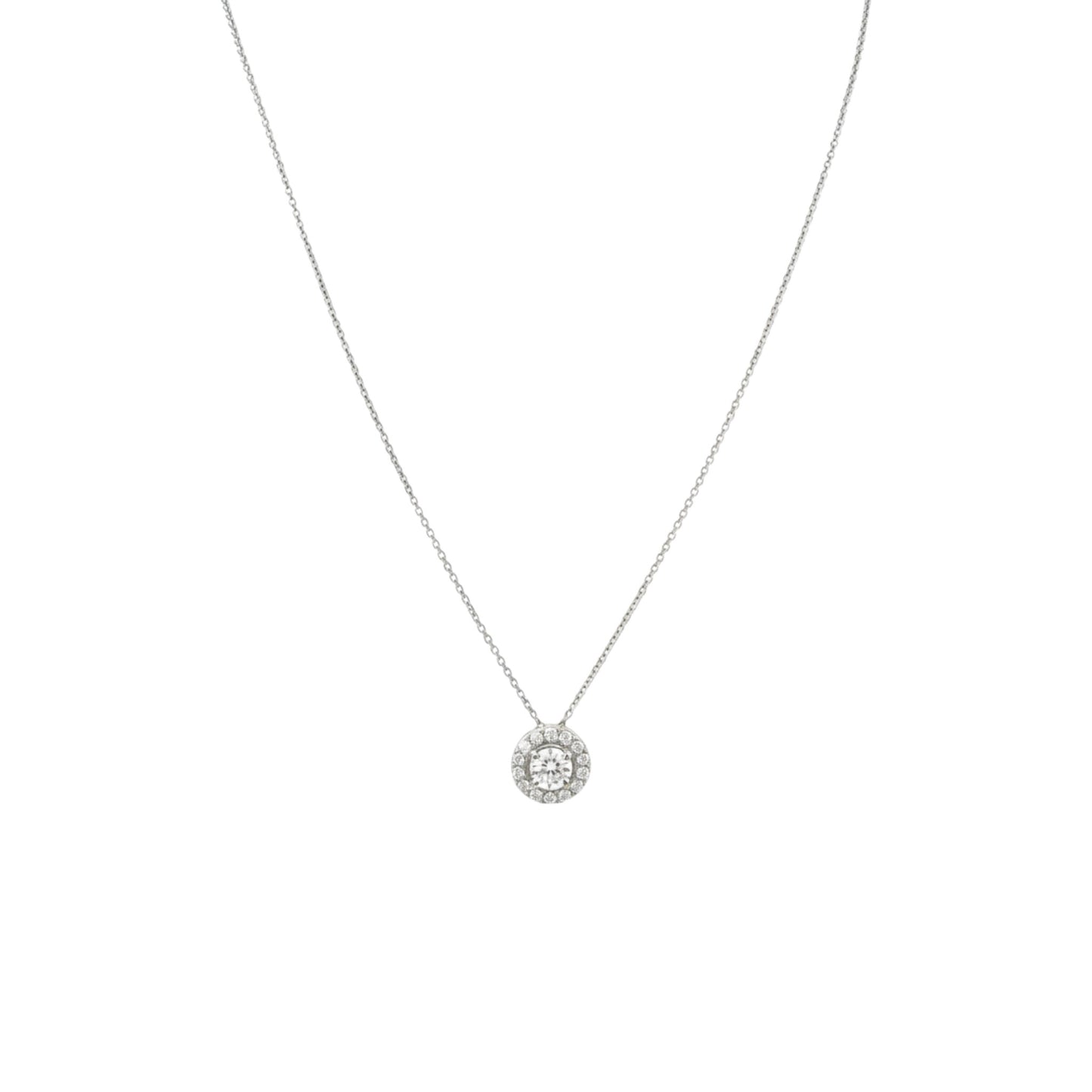 Silver necklace with a round pendant on a white background