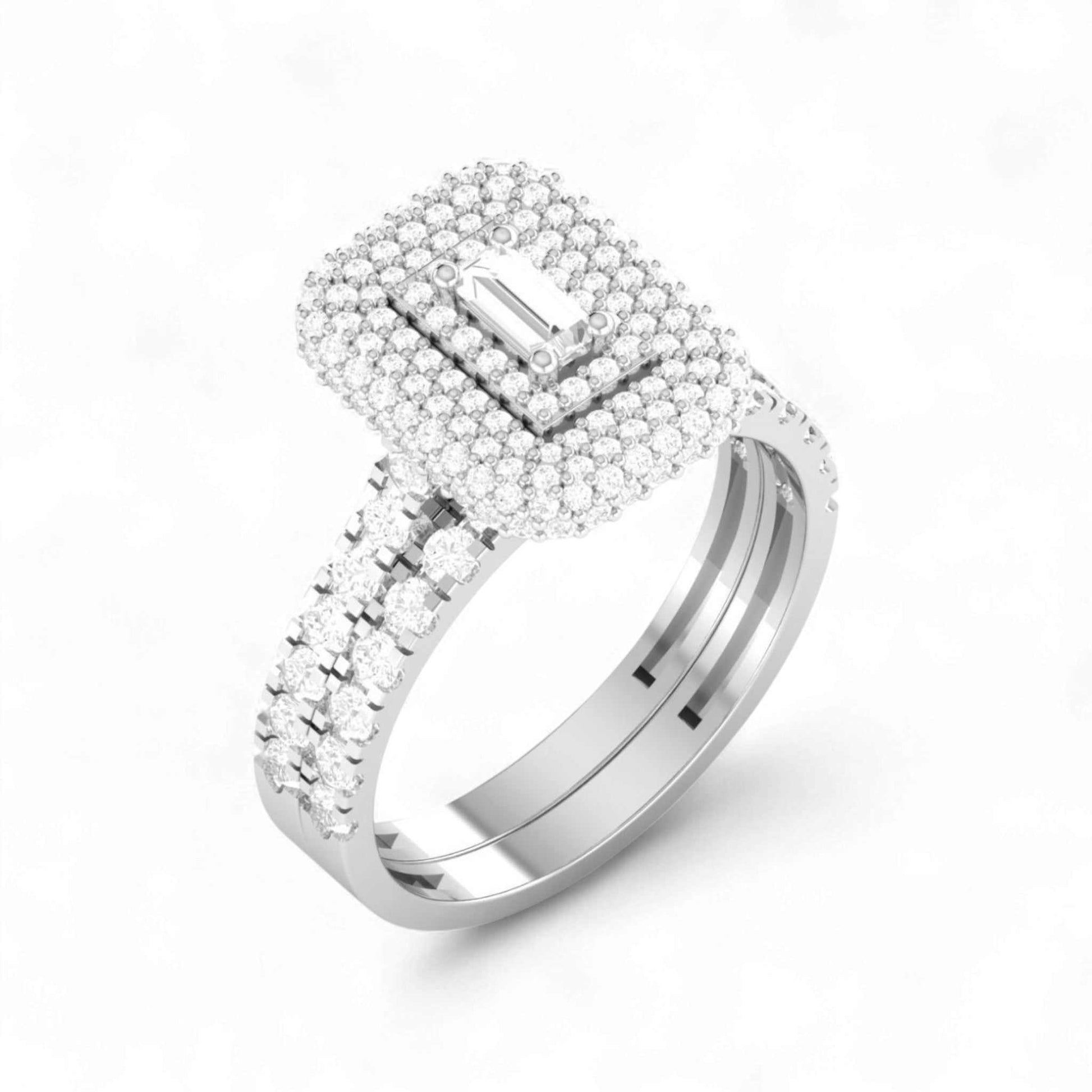 Silver ring with diamond accents on a white background