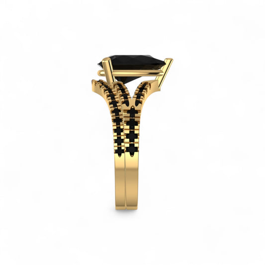Split Shank Pear Cut Black Natural Diamond Bride Set in 18K Gold