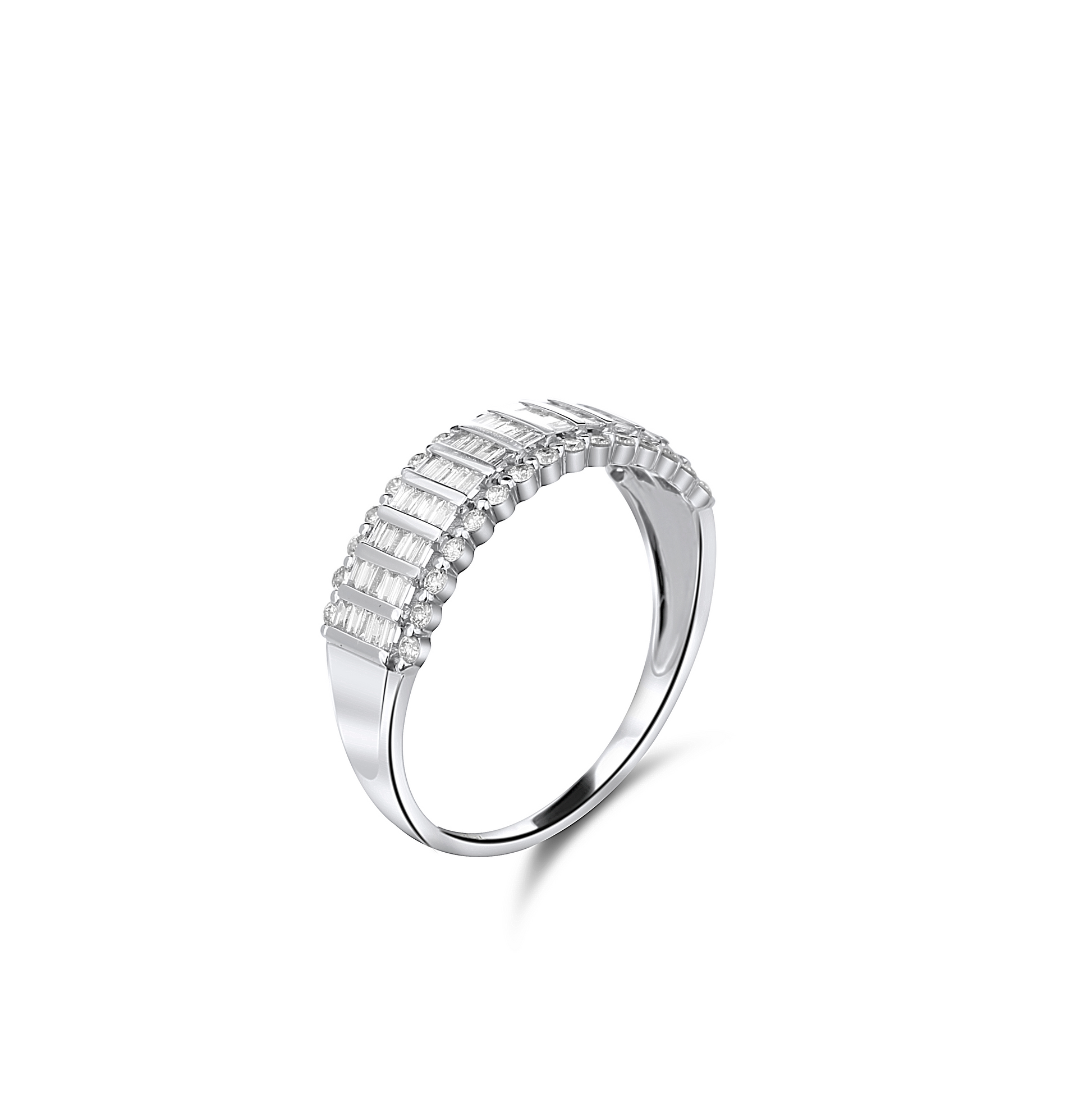Silver ring with diamond accents on a white background