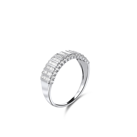 Silver ring with diamond accents on a white background