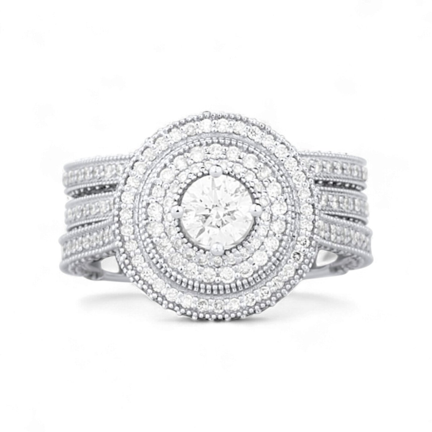 Zack Triple Halo Round Cut 3-piece Natural Diamond Bride Set in 18KT Gold