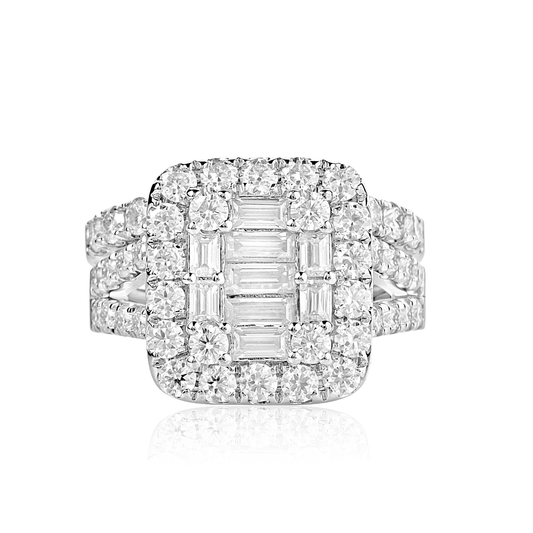 Diamond ring with a central emerald-cut stone and smaller round stones on a white background