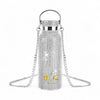 Silver rhinestone handbag with a chain strap on a white background