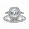 Diamond ring with a central gemstone and smaller diamonds on a white background
