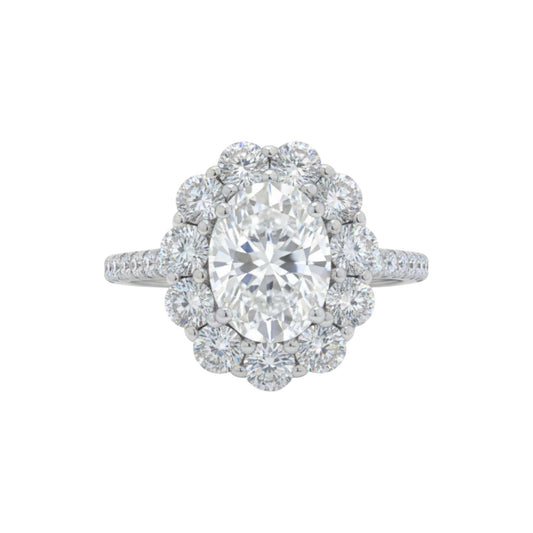BOZ Lavie Oval Cut Moissanite engagement ring in 925 sterling silver with halo floral design