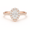 Rose gold ring with a pear-shaped diamond and smaller diamonds on a white background