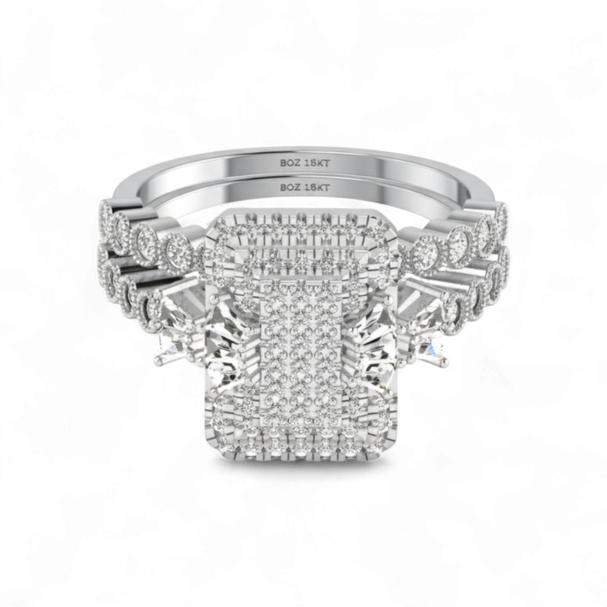 Silver ring with diamond accents on a white background