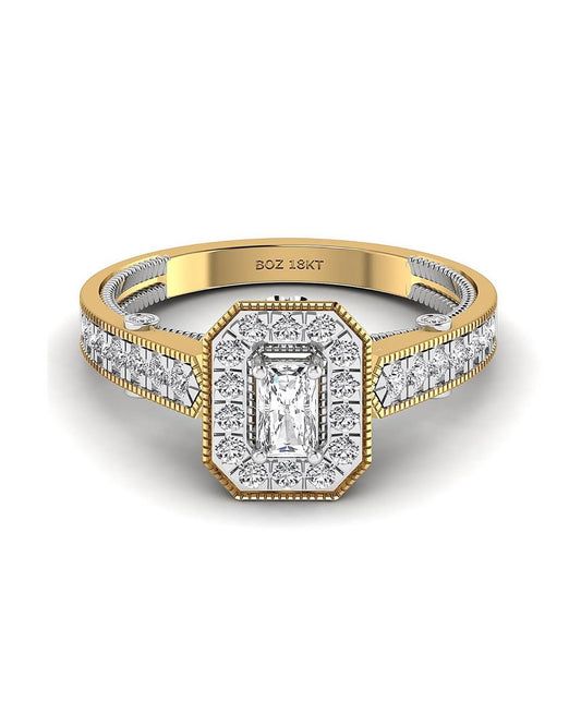 A radiant cut natural diamond engagement ring with a gold band, featuring a total of 0.84 carats of diamonds.