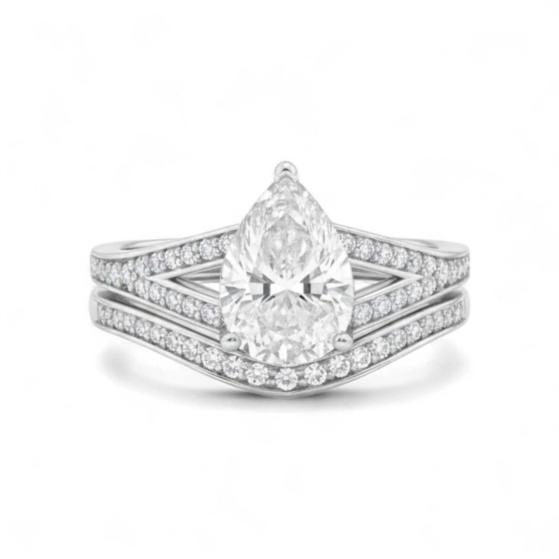 Diamond ring with a pear-shaped center stone on a white background