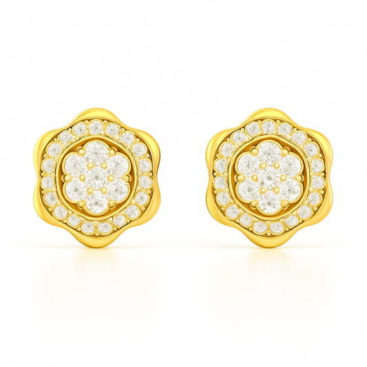 Gold earrings with diamond-like stones on a white background