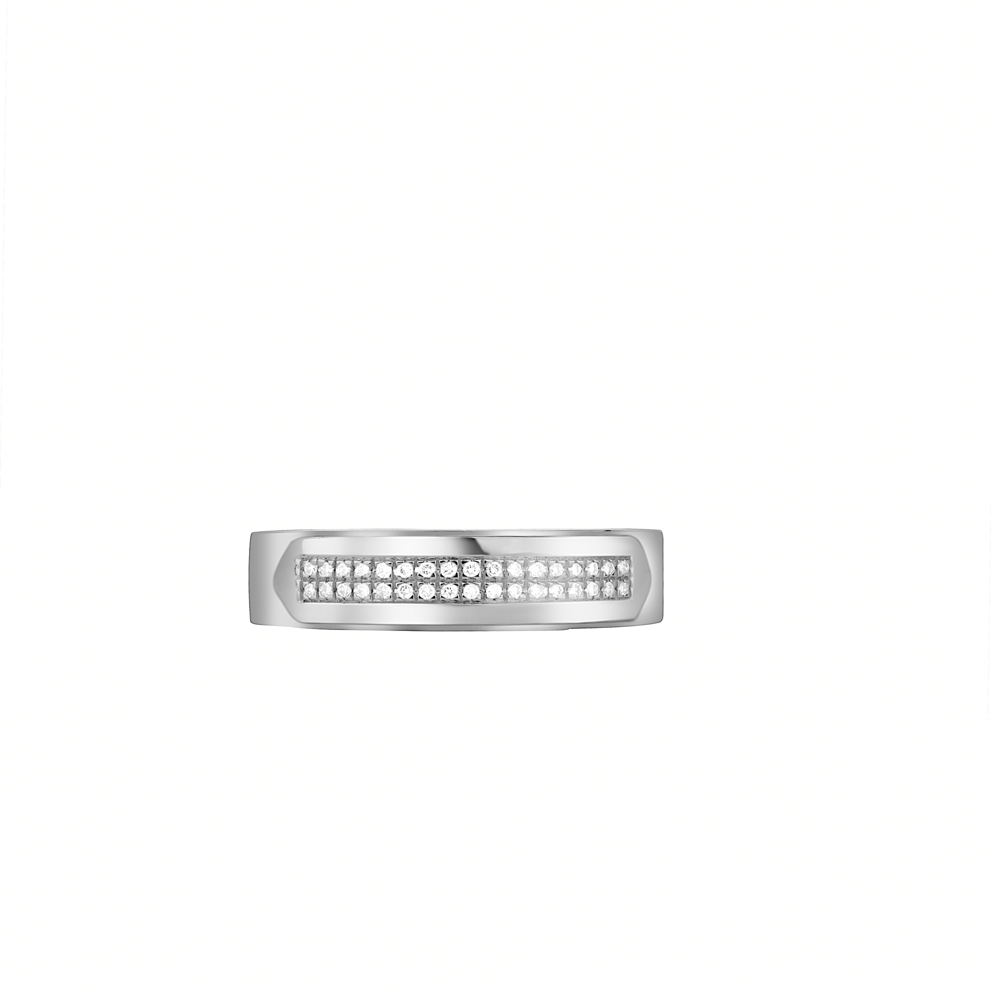 Silver ring with small diamonds on a white background