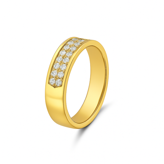 Gold ring with diamond accents on a white background