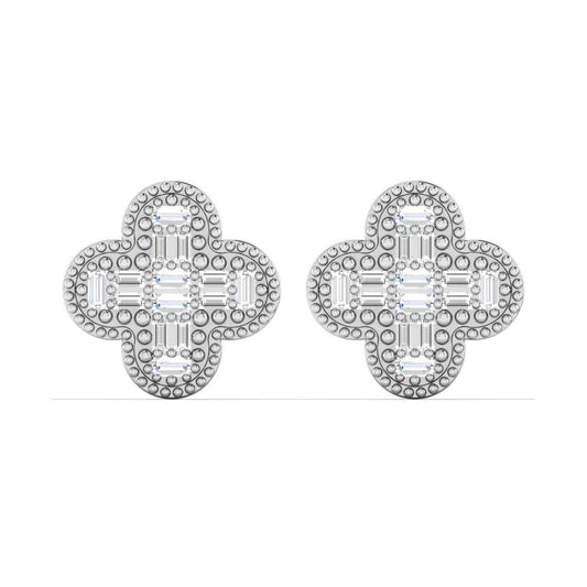 Pair of silver earrings with geometric design on a white background