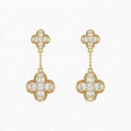 Baguette Clover Drop Diamond  Earrings 18KT Gold