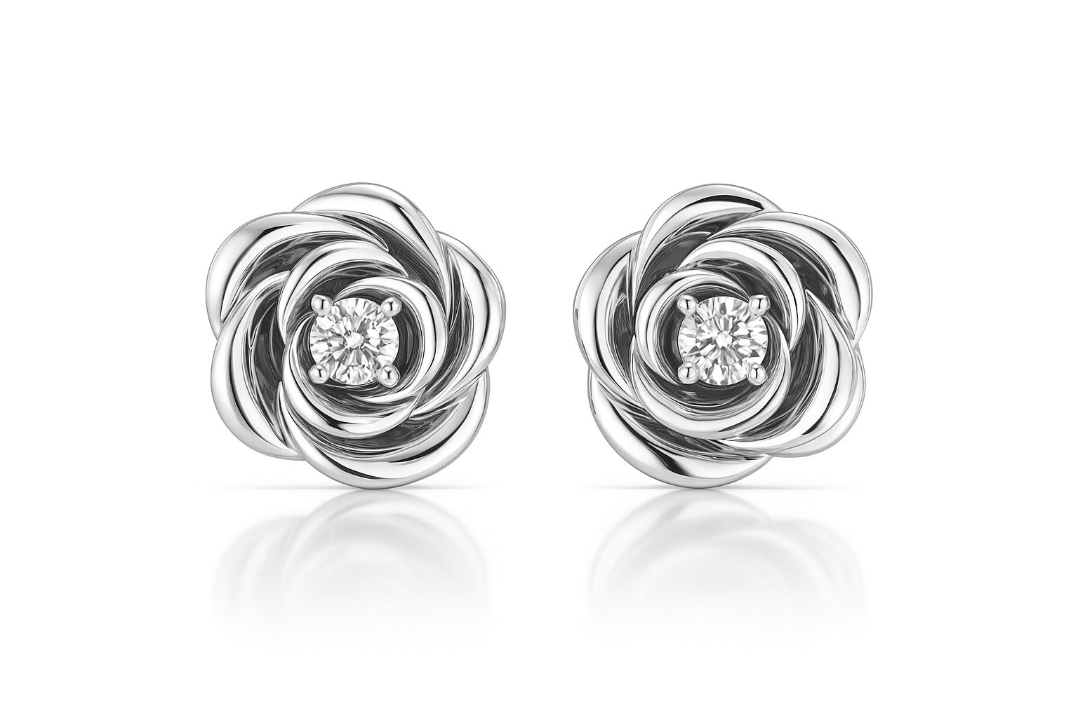Silver knot earrings with embedded diamonds on a white background