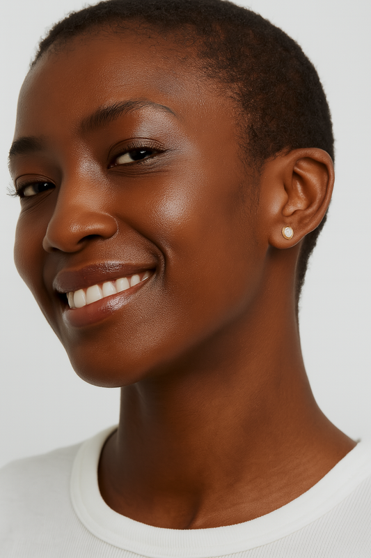 Woman with a short haircut wearing a white shirt against a plain background