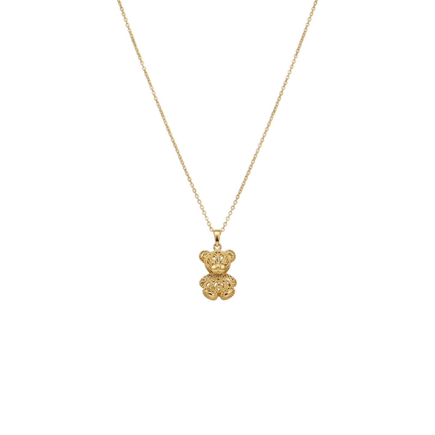 Gold teddy bear pendant necklace on a white background
