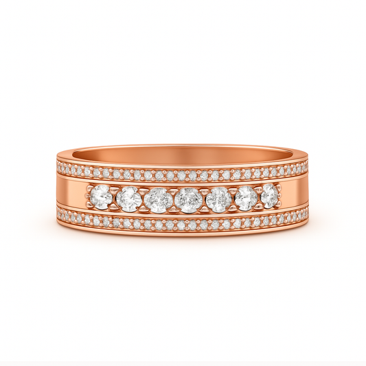 Rose gold ring with embedded diamonds on a white background