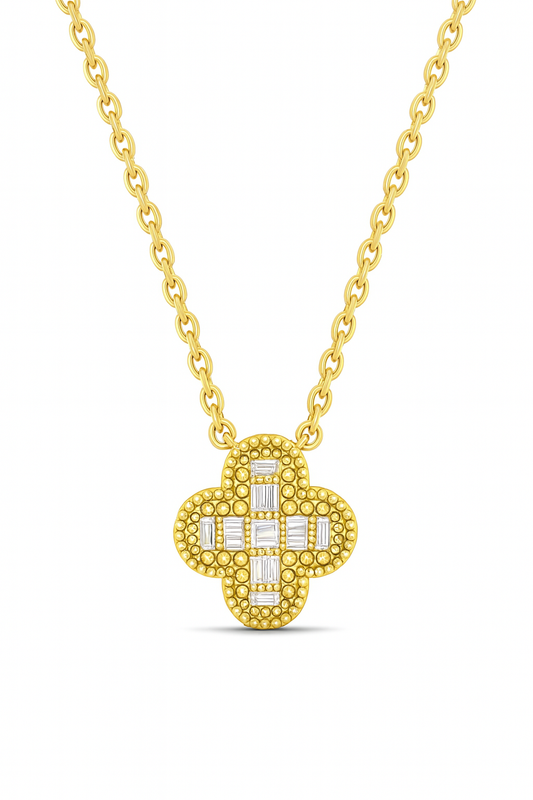 Baguette Clover Natural Diamond Necklace in 18K Gold