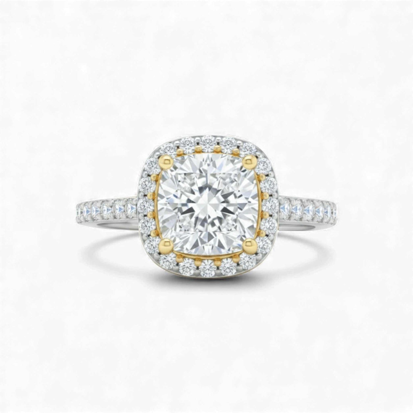 Classic cushion cut two tone moissanite engagement ring in 925 sterling silver with halo and gold accents