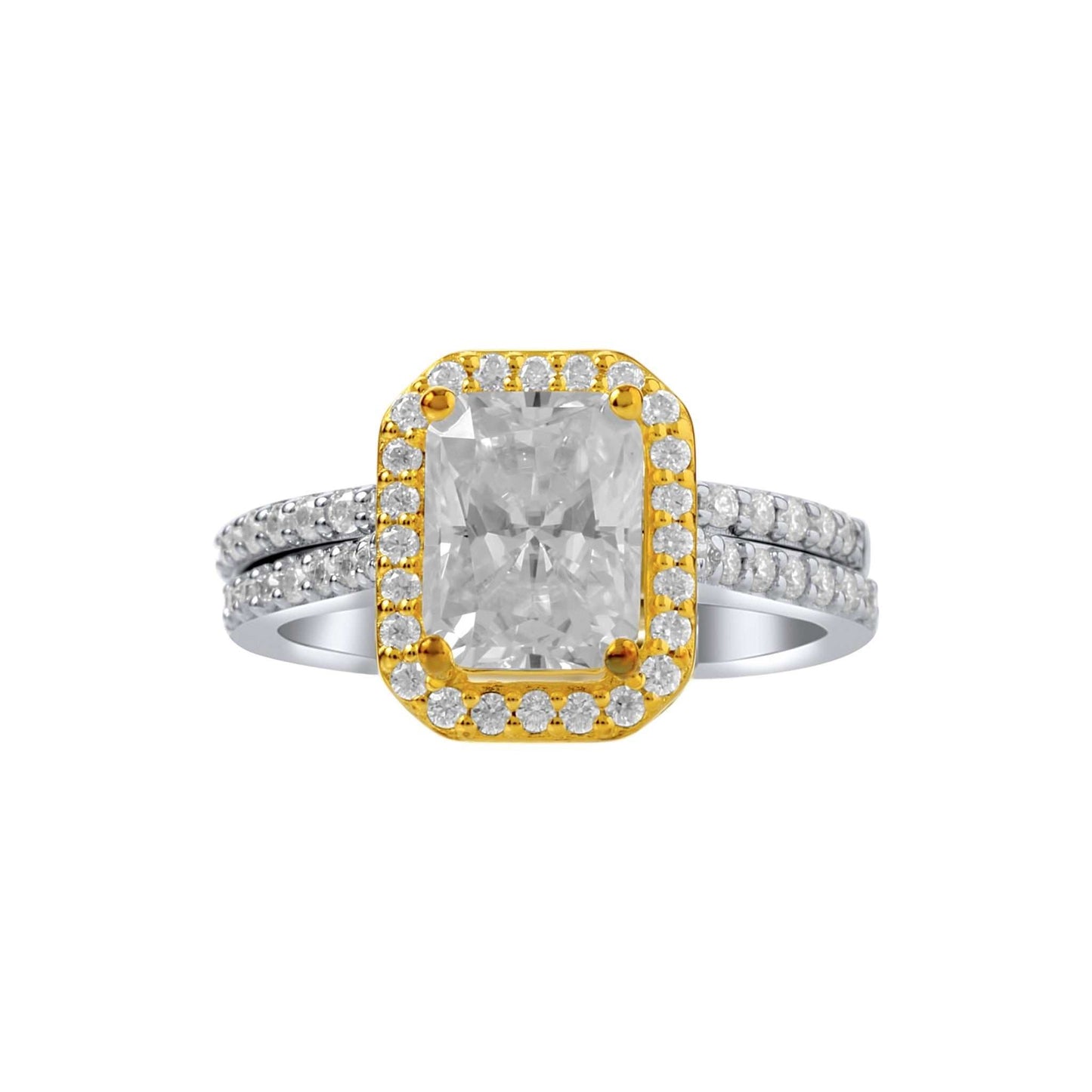 Two-tone ring with a large central diamond and smaller diamonds on a white background