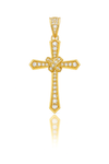 Gold cross pendant with embedded diamonds on a white background