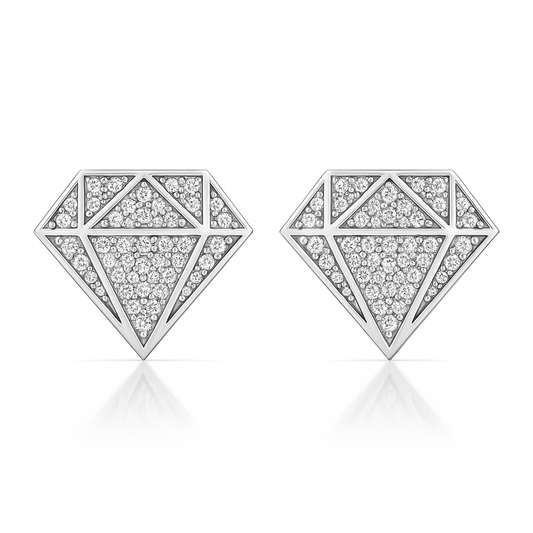Diamond-shaped earrings with geometric design on a white background