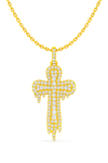 Gold cross pendant necklace with diamonds on a white background