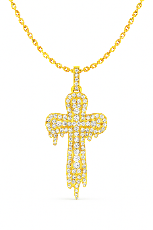 Gold cross pendant necklace with diamonds on a white background