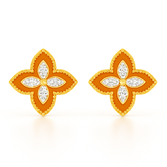 Pair of gold and orange flower-shaped earrings on a white background